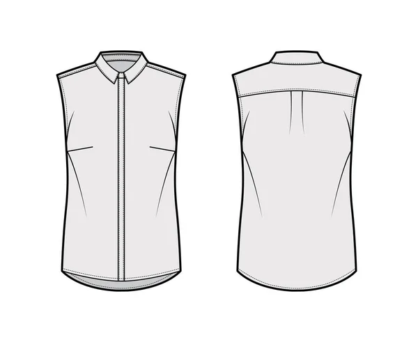 Ilustración técnica de la moda de la camisa con cuello limpio, delgado, cierre de botón oculto frontal silueta ligeramente suelta — Vector de stock