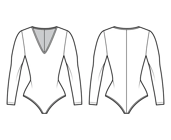 Stretch-Jersey Body technische Mode Illustration mit tiefem V-Ausschnitt, langen Ärmeln, Reißverschluss hinten einteilig — Stockvektor