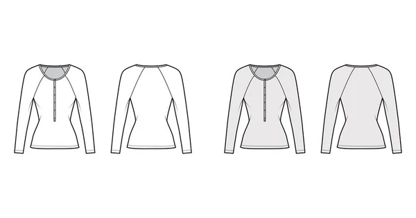 Ilustração de moda técnica superior de algodão-jersey com mangas raglan longas, ajuste fino, decote henley colher. Vestuário plano — Vetor de Stock