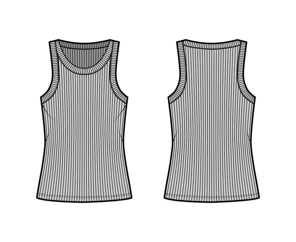 Débardeur en jersey de coton côtelé illustration de mode technique avec large col rond, maille relax fit, camisole longueur tunique — Image vectorielle
