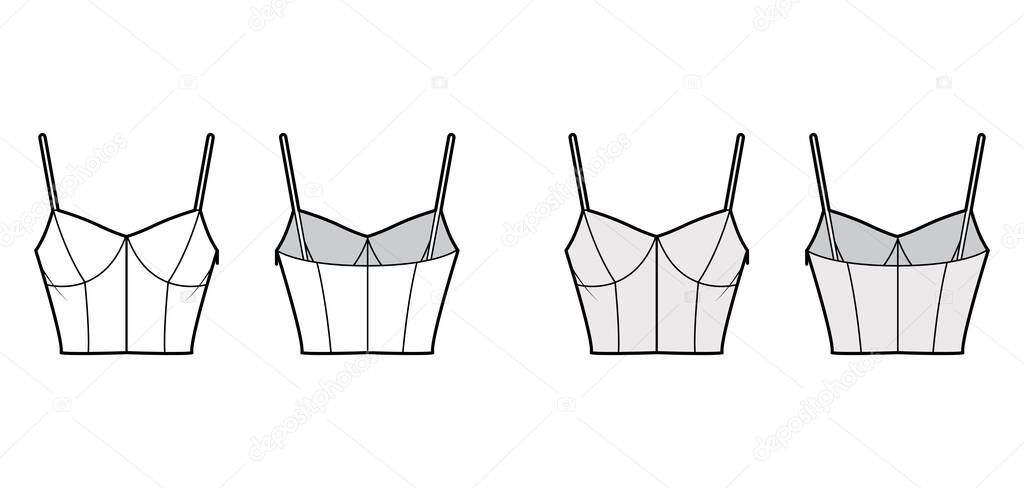 Cropped top technical fashion illustration with sweetheart neck, straps, slim fit, waist length. Flat outwear tank