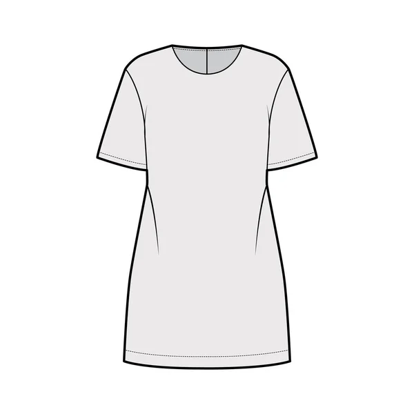 Ilustração de moda técnica túnica de grandes dimensões com pescoço redondo, mangas de cotovelo, fecho de correr traseiro, comprimento acima do joelho —  Vetores de Stock