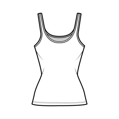 Pamuk-forma tankı teknik tasviri kepçe yakalı, dar kesim, tunik uzunluklu. Düz giyim, basit gecelik.