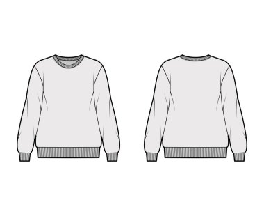 Pamuk Terry büyük beden sweatshirt, rahat formalı, yakalı, uzun kollu, teknik moda illüstrasyonu. 