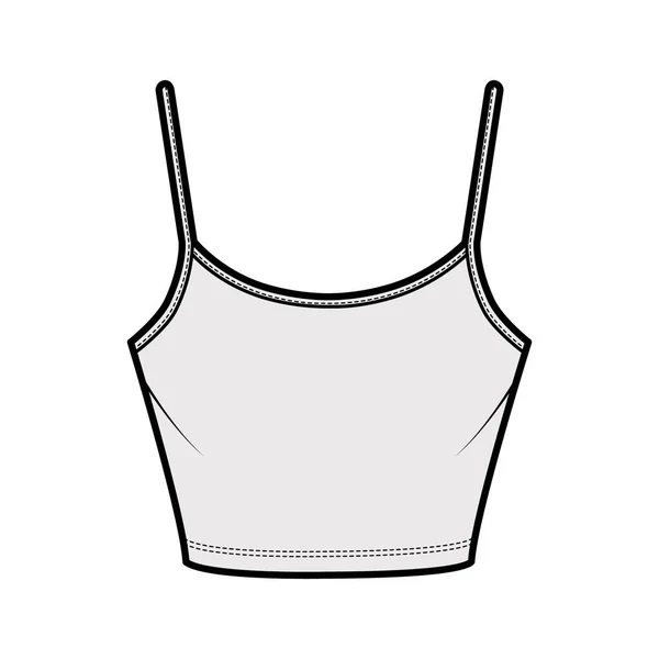 Camiseta de algodón-jersey recortada ilustración técnica de moda con cuello redondo, longitud de cintura corporal ajustada. Depósito básico plano — Vector de stock