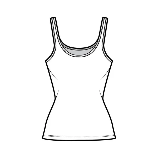 Algodón jersey tanque técnica ilustración de moda con cuello redondo, ajuste cercano, longitud de la túnica. Camiseta básica de outwear plano — Archivo Imágenes Vectoriales