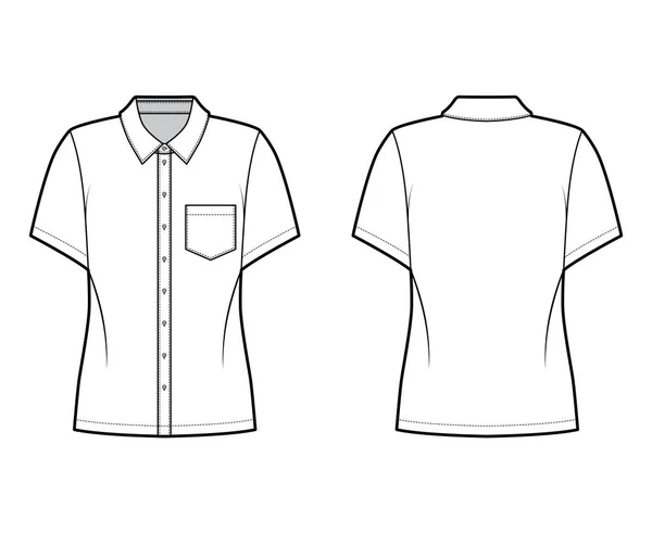 Ilustracja moda techniczna koszula z nachyloną kieszenią, krótkie rękawy, relaks fit, przedni guzik zapięcie regularne kołnierz — Wektor stockowy