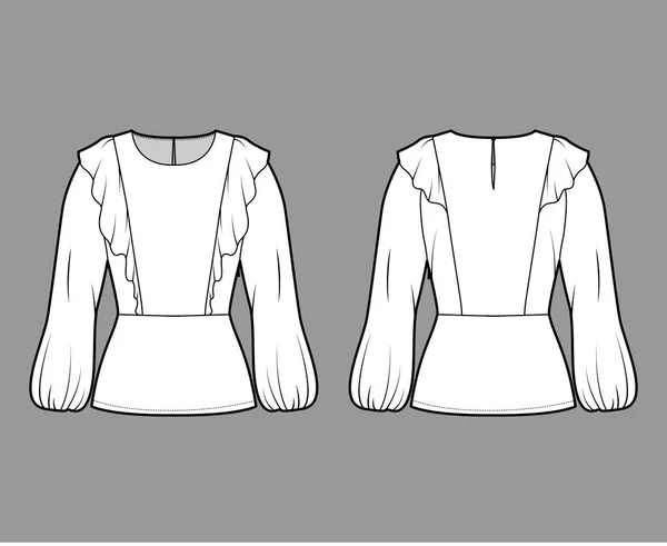 Blusa con volantes ilustración técnica de moda con dobladillo, cuello ovalado, cierre de botón trasero, manga larga del obispo — Vector de stock