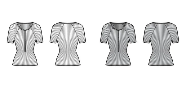 Gerippte Baumwolle-Jersey Top technische Mode Illustration mit kurzen Raglanärmeln, schlanke Passform, Schaufel Henley Ausschnitt — Stockvektor