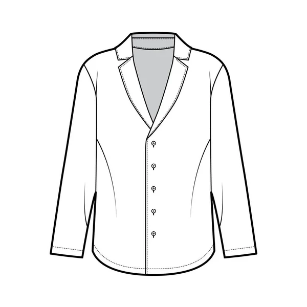 Pajama-style shirt technical fashion illustration with pointed notch collar, front button fastenings, long sleeves. — Stock Vector