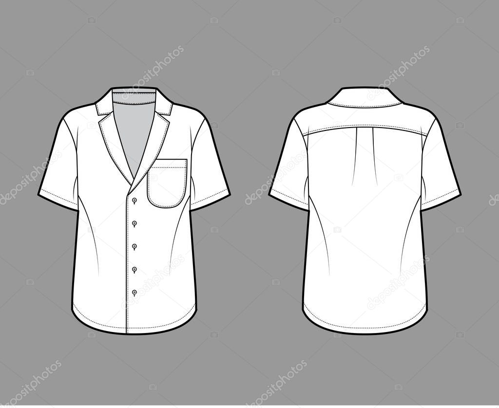 Shirt technical fashion illustration with pointed notch collar, front button fastenings, rounded pocket, short sleeves.