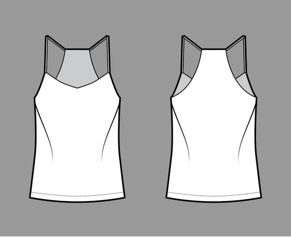 Camiseta Racer-back ilustración técnica de moda con cuello en V, correas, ajuste relajado, longitud de la túnica. Tanque de ropa plana — Archivo Imágenes Vectoriales