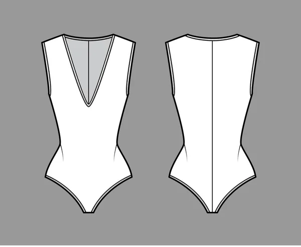 Stretch-jersey bodysuit técnica moda ilustração com mergulho decote em V, esculpindo ajuste, fecho de correr de volta . — Vetor de Stock