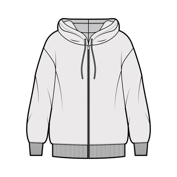 Zip-up oversized cotton-fleece hoodie technical fashion illustration with relaxed fit, long sleeves. Flat outwear jumper — Stock Vector