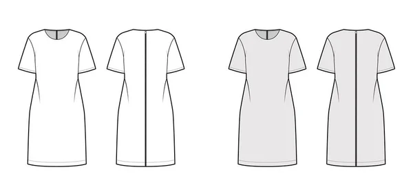 Zadní zip-up nadrozměrné šaty technické módní ilustrace s kulatým krkem, loketní rukávy, pod kolenem. — Stockový vektor