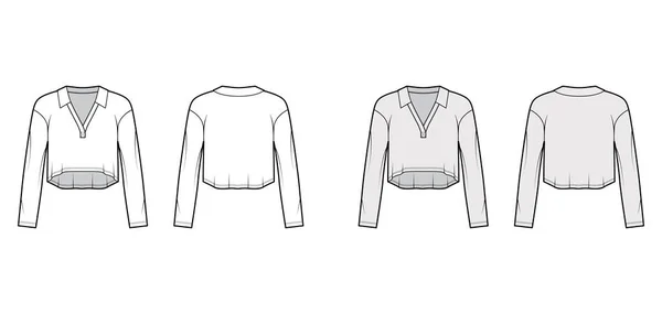 Beskuren stretch-bomull topp teknisk mode illustration med långa ärmar, krage skissera V-ringning. Platt tröja — Stock vektor