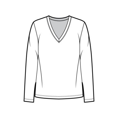 Gevşek formalı, V yakalı, uzun kollu pamuklu tişört ve teknik moda illüstrasyonları. Düz