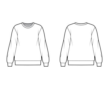 Pamuk Terry büyük beden sweatshirt, rahat formalı, yakalı, uzun kollu, teknik moda illüstrasyonu. 