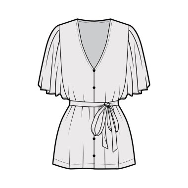 Fişekli, dirsek dairesi kollu, V yakalı bluz, bel kemeri takılı moda illüstrasyonu.