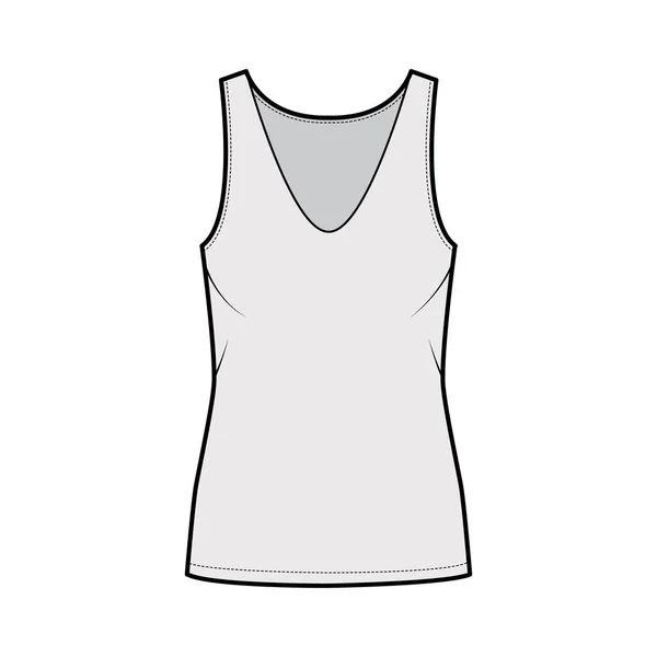 Ilustração de moda técnica de tanque de algodão-jersey com ajuste relaxante, mergulho decote em V, sem mangas. Camisola de roupa plana —  Vetores de Stock