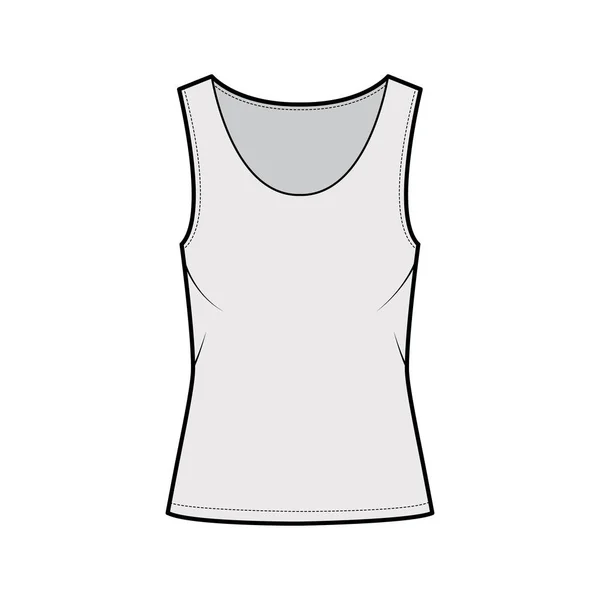 Racer-back cotton-jersey tank technical fashion illustration with relax fit, wide scoop neckline. Flat outwear cami — Stock Vector