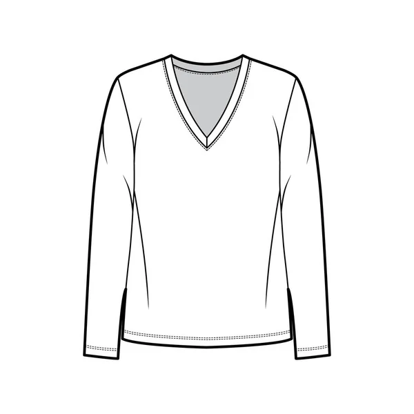Camiseta de algodão-jersey cortada ilustração de moda técnica com ajuste relaxado, mergulho decote em V, mangas compridas. Plano — Vetor de Stock