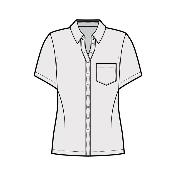 Ilustração técnica da forma da camisa com bolso angulado, mangas curtas, ajuste do relax, colar regular da botão-fixação dianteira —  Vetores de Stock