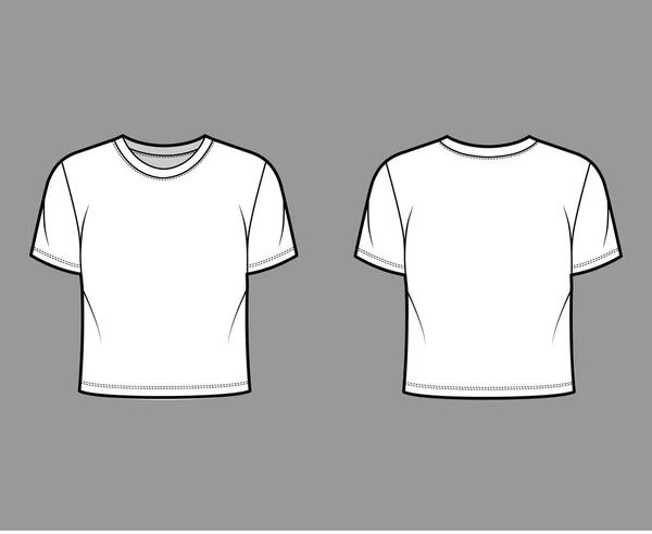 Beskuren bomull-jersey t-shirt teknisk mode illustration med avslappnad passform, besättning halsringning, korta ärmar. Platt — Stock vektor