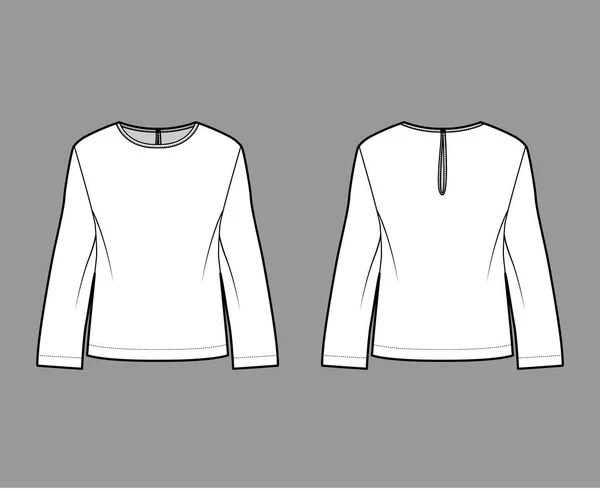 Blusa clásica ilustración técnica de moda con mangas largas, cuello redondo con cierre de botón trasero de gran tamaño — Vector de stock