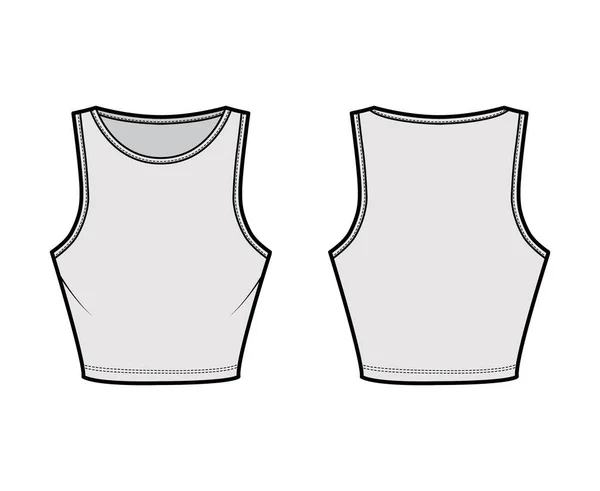 Camiseta de algodón recortado tanque técnica ilustración de moda con ajuste delgado, longitud de la cintura, cuello redondo. Ropa básica plana — Vector de stock
