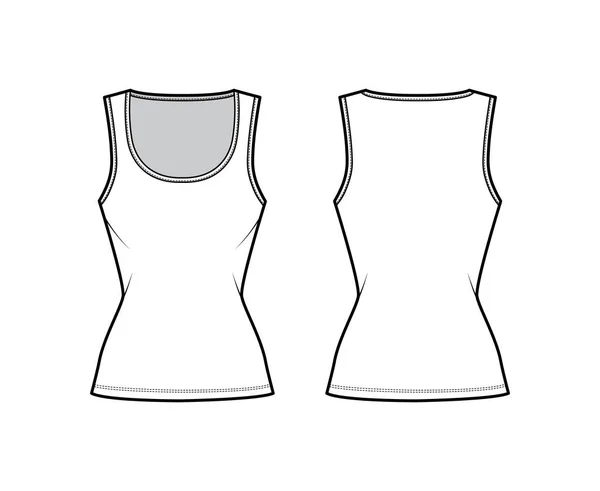 Ilustração de moda técnica de tanque de algodão-jersey com ajuste fino, decote de colher larga, sem mangas. Roupa plana cami — Vetor de Stock