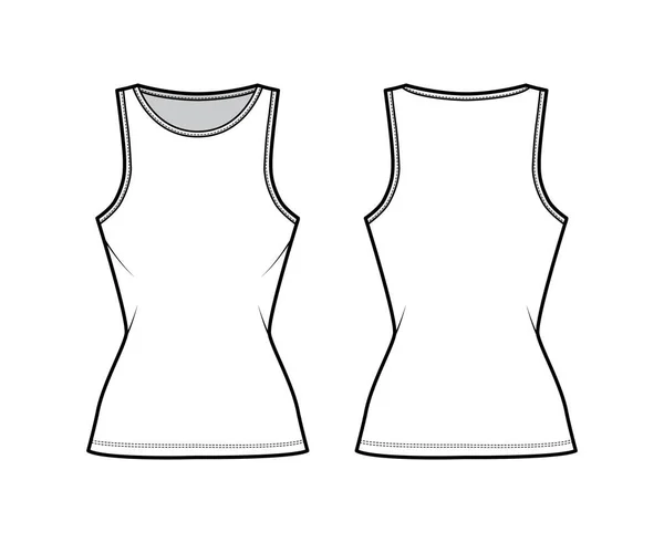 Pamuk-forma tankı teknik moda illüstrasyonu ince, uzun kenarlı, tayfa yakalı. Düz temel kıyafet. — Stok Vektör