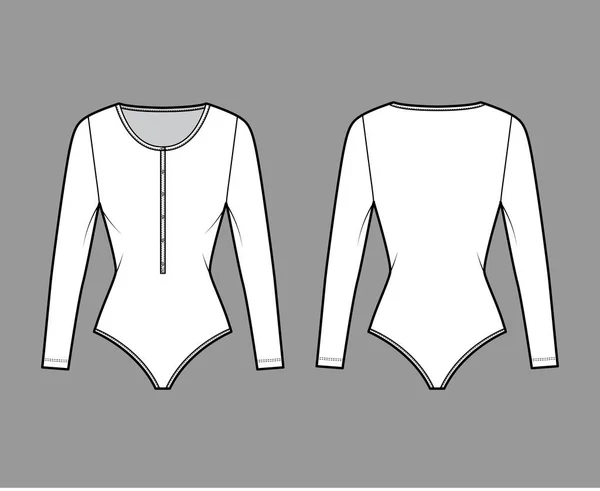 Bomull-jersey t-shirt bodysuit teknisk mode illustration med långa ärmar, scoop henley hals. Platta ett stycke — Stock vektor
