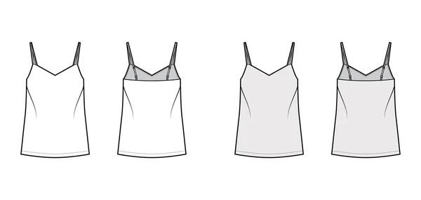 Camisole ilustración técnica de moda con halagador cuello en V, correas, ajuste relajado, longitud de la túnica. Tanque de ropa plana — Vector de stock