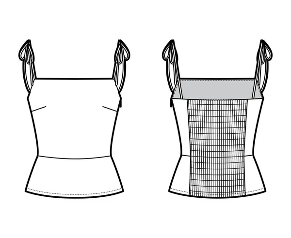 Top ilustração de moda técnica com ajuste próximo, amarrar-fixação alças, shirred de volta. Camisola de roupa plana — Vetor de Stock