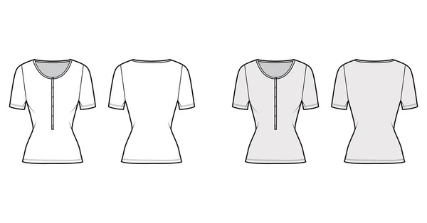 Cotton-Jersey top ilustracja mody technicznej z krótkimi rękawami, szczupłe dopasowanie, scoop henley dekolt. Odzież podstawowa płaska — Wektor stockowy