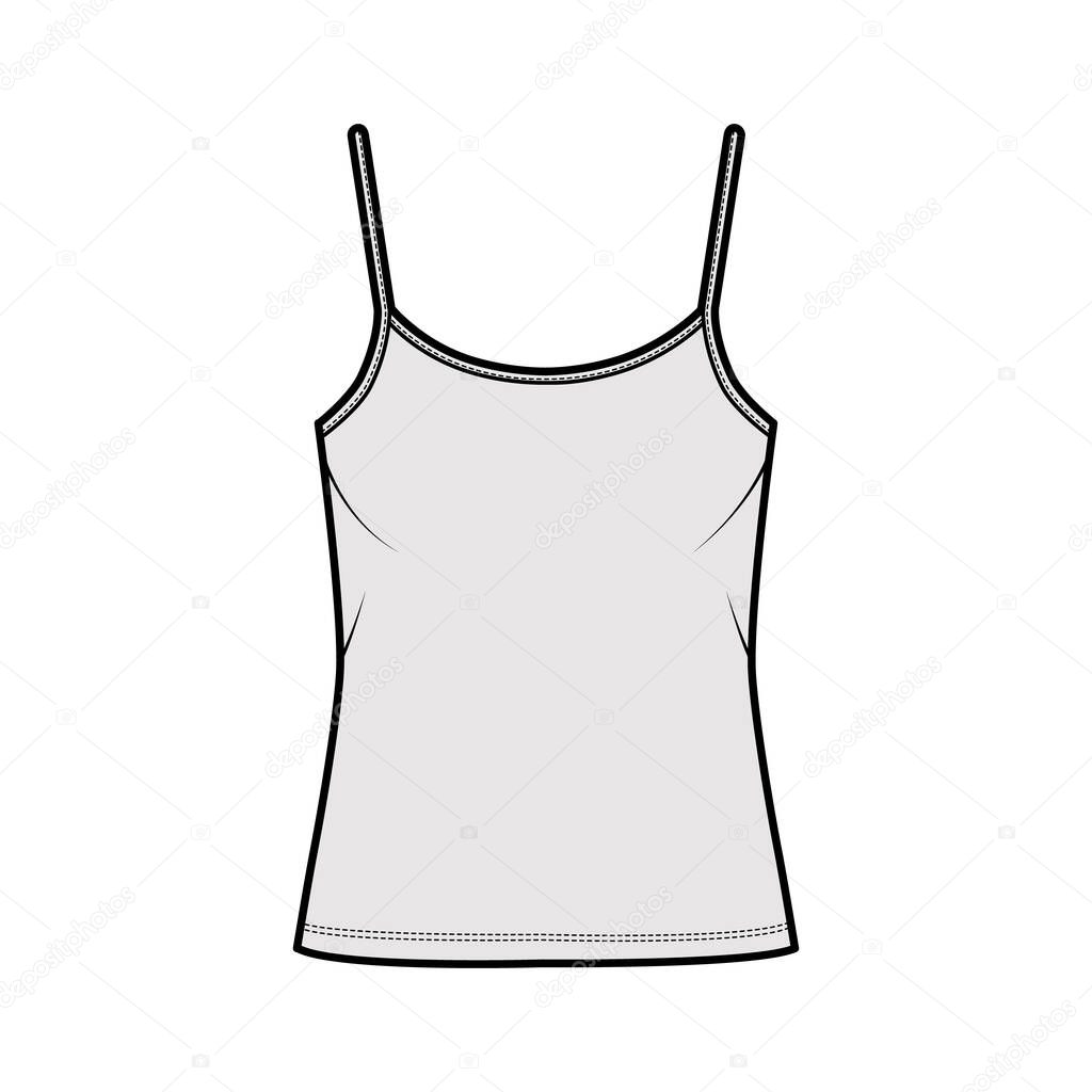 Cotton-jersey camisole technical fashion illustration with scoop neck, oversized body, tunic length. Flat outwear tank