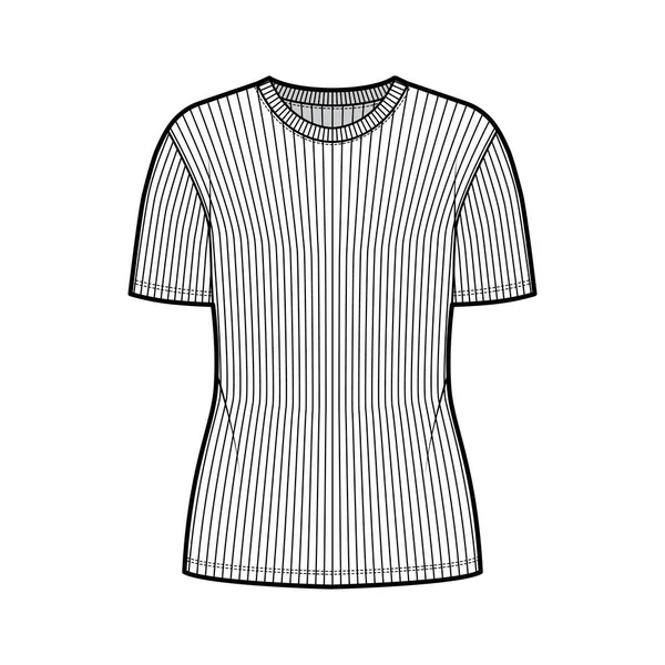 Camiseta de punto de cuello redondo acanalado ilustración técnica de moda con mangas costillas cortas, ropa de abrigo plana de cuerpo sobredimensionado — Archivo Imágenes Vectoriales