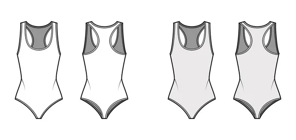 Body string en jersey de coton illustration de mode technique avec dos coureur, encolure en U profonde. Tenues plates une pièce — Image vectorielle