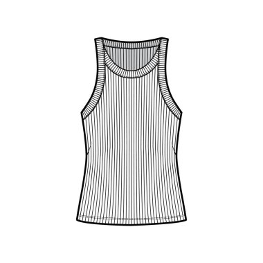 Tırtıklı pamuk-forma tankı teknik moda çizimi geniş yakalı, rahat örgü ören, tunik uzunluğunda kaşkorse