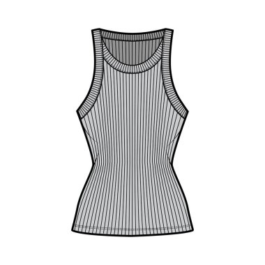 Tırtıklı, pamuklu forma tankı. Teknik moda illüstrasyonu. Geniş kepçeli yaka, örülü vücut, tunik uzunluk.