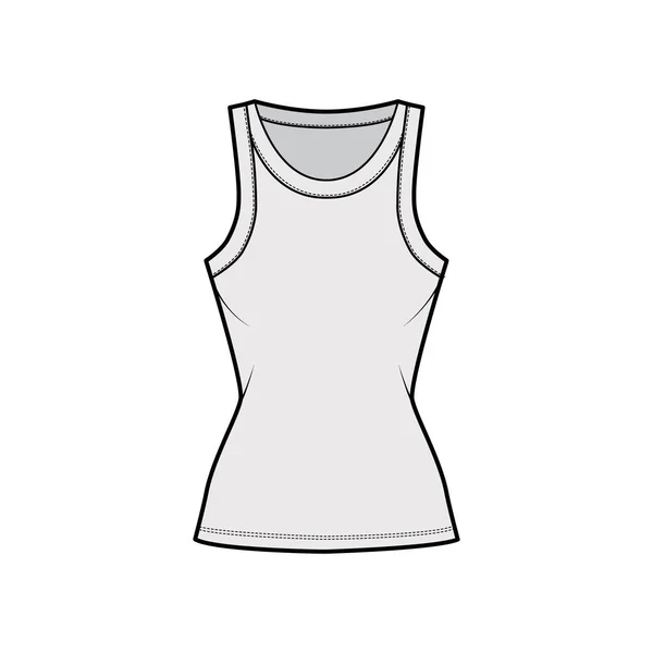 Ilustração de moda técnica de tanque de algodão-jersey com corpo equipado, decote de colher larga, sem mangas. Roupa plana cami —  Vetores de Stock