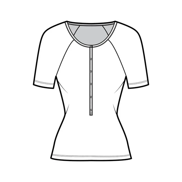 Ilustración técnica superior de la manera del algodón-jersey con las mangas largas del raglán, ajuste delgado, escote del henley de la cuchara. Ropa plana — Vector de stock