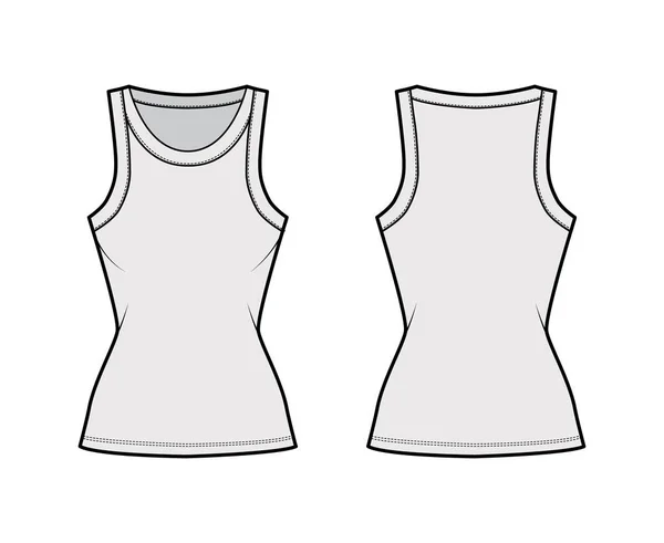 Ilustração de moda técnica de tanque de algodão-jersey com corpo equipado, decote de colher larga, sem mangas. Roupa plana cami — Vetor de Stock