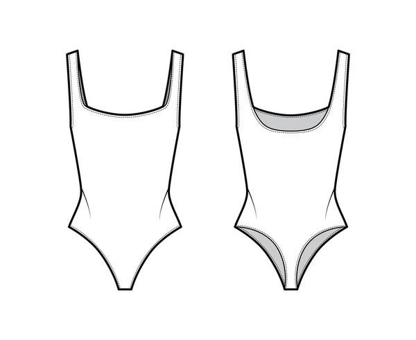 Tažný dres tanga bodysuit technické módní ilustrace s otevřenými zády, hluboký čtvercový výstřih. Rovný jednodílný — Stockový vektor