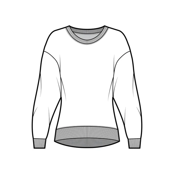 Pamuk-Terry sweatshirt, rahat formalı, mürettebat yakalı, uzun kollu, teknik moda çizimi. Düz atlayıcı — Stok Vektör
