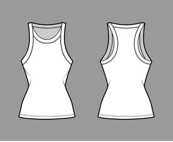 Cotton-jersey racer-back tank ilustração de moda técnica com corpo equipado, decote de colher larga. Roupa plana cami — Vetor de Stock