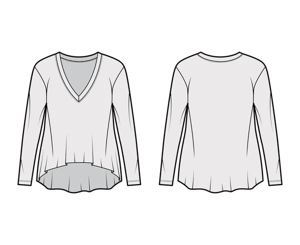Camiseta de algodón-jersey de novio ilustración técnica de moda con escote en V, mangas largas, dobladillo alto-bajo — Vector de stock