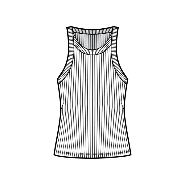 Ilustração de moda técnica de tanque de algodão-jersey com gola larga, relaxe malha de ajuste, camisola de comprimento túnica — Vetor de Stock