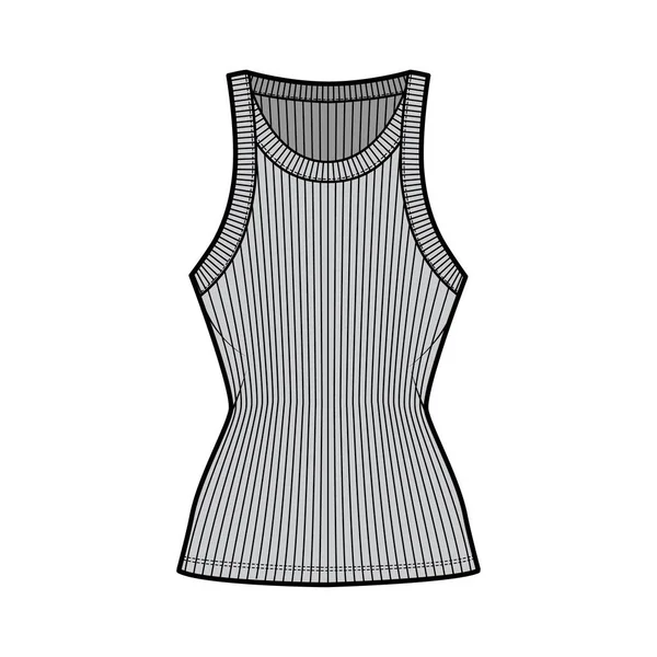 Ribbed racer-back algodón-jersey tanque técnica ilustración de moda con cuello redondo ancho, cuerpo de punto ajustado, longitud de la túnica — Vector de stock